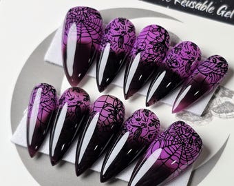 Webbed Whimsy Press On Nails, Black and Purple Spring Spiderweb Press Ons, Alt Spring Nails, Witchy Spring Nails, Reusable False Nails