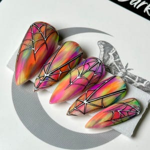 Rainbow Spiderweb Press On Nails: Psychedelic Goth False Nails