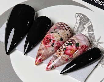 Serpents Kiss: Rose Snake Print Press On Nails, Goth Witchy False Nails
