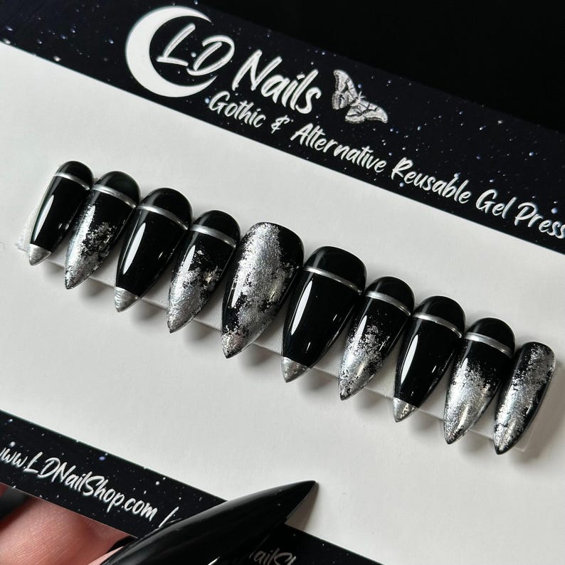 Gothic Black Silver Chrome Press On Nails, Witchy Handmade Reusable Press Ons image 4