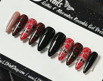 Valentine's Day Press On Nails: Red Lipstick Kisses, Gothic Witchy Reusable False Nails