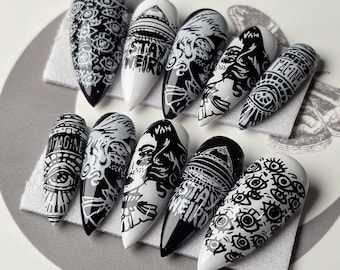 Stay Weird Goth Press On Nails, Black and White Gothic Reusable False Nails