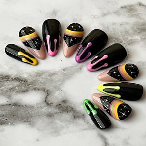 Neon Space Drip Press On Nails: Goth Halloween Reusable Fake Nails