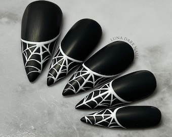 Spider Web Press On Nails: Gothic Halloween French Tip False Nails