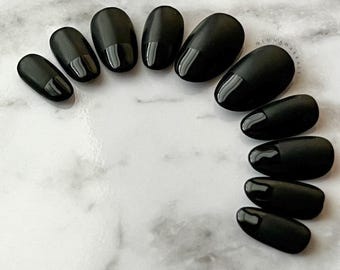 Black on Black Tipped Press On Nails, Gothic Black Embossed French Tip Press Ons, Goth Reusable False Nails