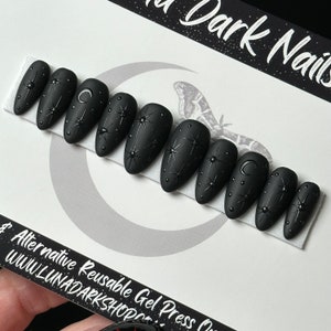 PRESS ON NAILS, Goth Press Ons, Black on Black Celestial Nails, Reusable, False Nails, Fake Nails, Press-on Nails, Glue-on Nails