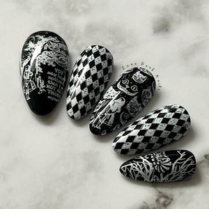 Gothic Black & White Press On Nails: Witchy Reusable False Nails