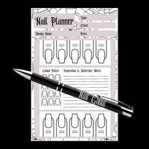 May include: A printable nail planner with a spiderweb background. The planner includes sections for the date, client name, design name, price, color palette, inspiration and materials notes, and a space to draw nail designs.