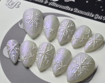 Witchy Winter Snowflake Press On Nails, Iridescent Silver, Hand Painted, Reusable