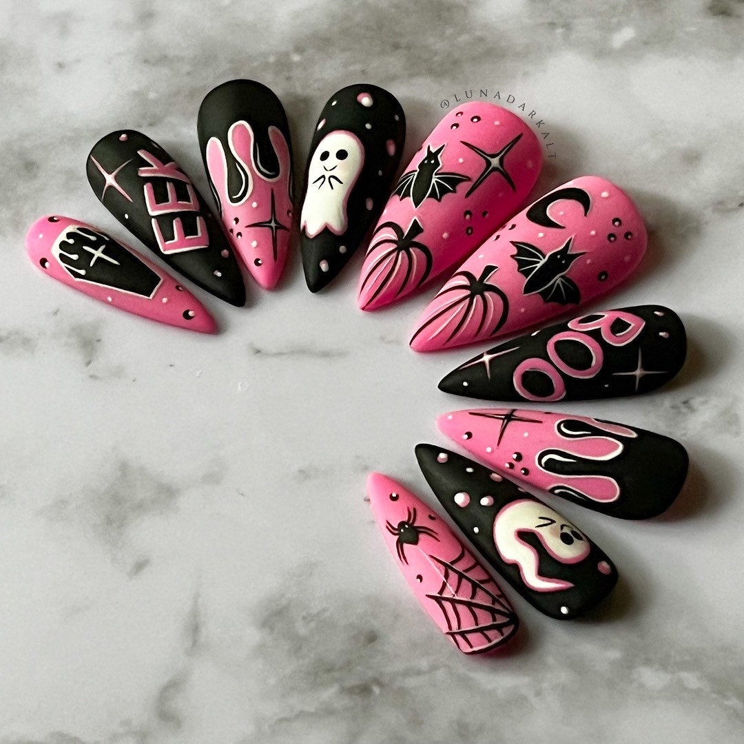 Spooky Cute Pink Halloween Spooky Nails Gothic Press Ons - Etsy