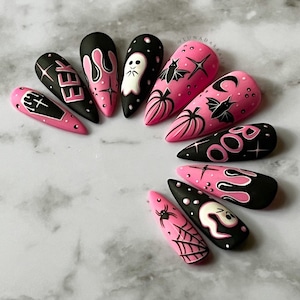 Spooky Cute, Pink Halloween Spooky Nails, Gothic Press Ons, Witchy Nails, Reusable False Nails, Fake Nails, Press On Nails, Glue-on Nails