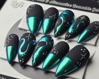 Celestial Snake Press On Nails: Green Chrome Witchy Gothic Reusable Fake Nails