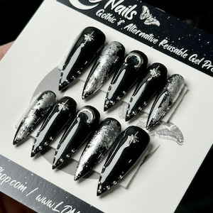 Goth Press On Nails: Silver Moon Studded False Nails