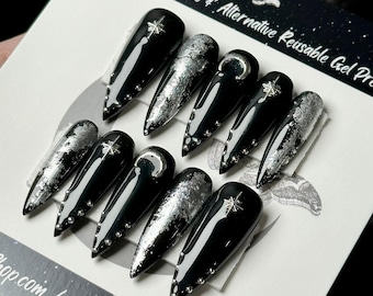 Goth Press On Nails: Silver Moon Studded False Nails