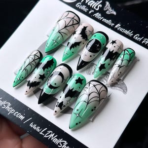 Glow in the Dark Halloween Press On Nails: Spooky Bat Gothic Witchy Reusable False Nails