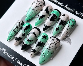 Glow in the Dark Halloween Press On Nails: Spooky Bat Gothic Witchy Reusable False Nails