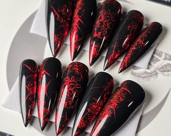 Bloody Valentine Press On Nails: Goth Red Chrome False Nails