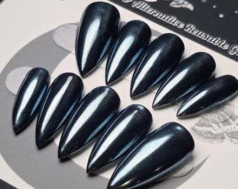 Blue Steel Chrome Press On Nails, Handmade Gothic Reusable Press Ons