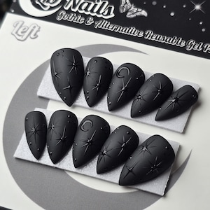 PRESS ON NAILS, Goth Press Ons, Black on Black Celestial Nails, Reusable, False Nails, Fake Nails, Press-on Nails, Glue-on Nails