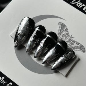 Gothic Black Press On Nails: Silver Chrome Gilded Reusable False Nails