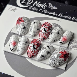 Spider Web Press On Nails: Pink Floral Gothic Reusable False Nails