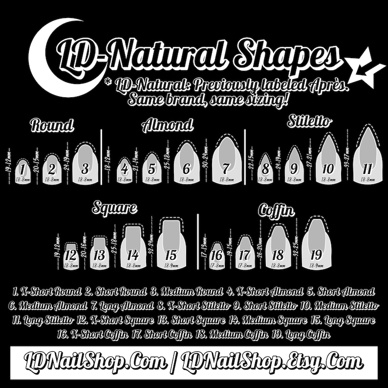 The image is a black and white diagram that provides a visual representation of various natural nail shapes, including round, almond, and square nails, along with their corresponding sizes.