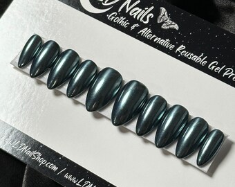 Blue Steel Chrome Press On Nails: Gothic Reusable False Nails