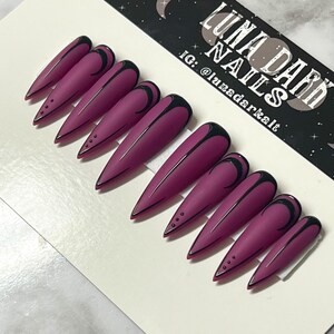 RTS Wicked Goth Press On Nails: Matte Maroon, Black Moon Stiletto