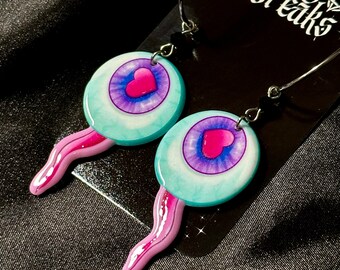 Spooky Valentine's Dangle Earrings: Goth Horror Eye Heart Jewelry