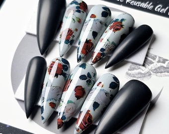 Vintage Rose Gothic Press On Nails: Matte Black Witchy False Nails