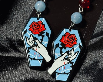 Gothic Rose Coffin Dangle Earrings: Witchy Blue & Red Jewelry