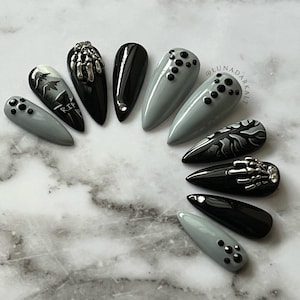 Gothic Cemetery Press On Nails: 3D Skeleton Hand, Reusable Halloween False Nails