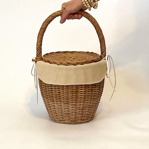 Basket bag for walking Jane Birkin basket  Wicker Basket Picnic basket bag Round with lid and handle gift for women Мelange basket