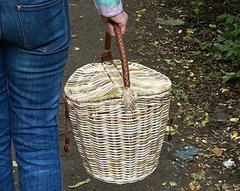 Big Jane Birkin basket  Wicker Basket Picnic basket bag Round with lid and handle gift for women Мelange basket