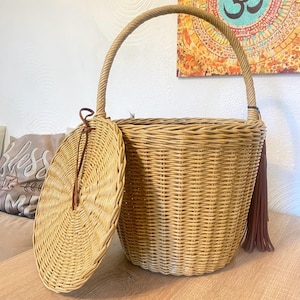 Jane Birkin basket Wicker Basket Jane Birkin style wicker bag basket Round with lid and handle gift for women
