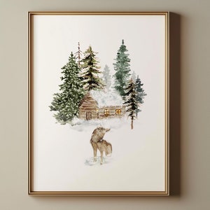 Printable Christmas Print, Winter Wonderland Poster, Wolf Wall Art Holiday Decor, Christmas Village Printable Snowy Mountain Cottage DIGITAL