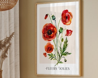 Vintage Art, Vintage home decor, Botanical print, Watercolor Flowers, Vintage Flowers Print, Poppies Print, Red Flower Print Vintage Poppies