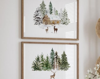 May include: A dining room with a wooden table and chairs, a glass top, and a wooden base. There are two framed watercolor paintings of winter scenes with deer and a cabin. The room has a rustic, cozy feel.