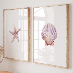 Set di 3 poster di conchiglie da parete, set di stampe di conchiglie pastello, decorazioni per la casa in stile costiero, arte con stelle marine, casa al mare, acquerello, vita marina stampabile