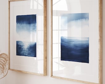 Blue Wall Art Set of 2 Prints Abstract Navy Watercolor Coastal Prints Ocean Art Nautical Beach House Decor Modern Seascape Painting Download