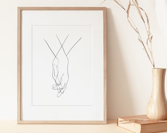 手を繋ぐ線画プリント、ミニマリストカップルアート（デジタルダウンロード）