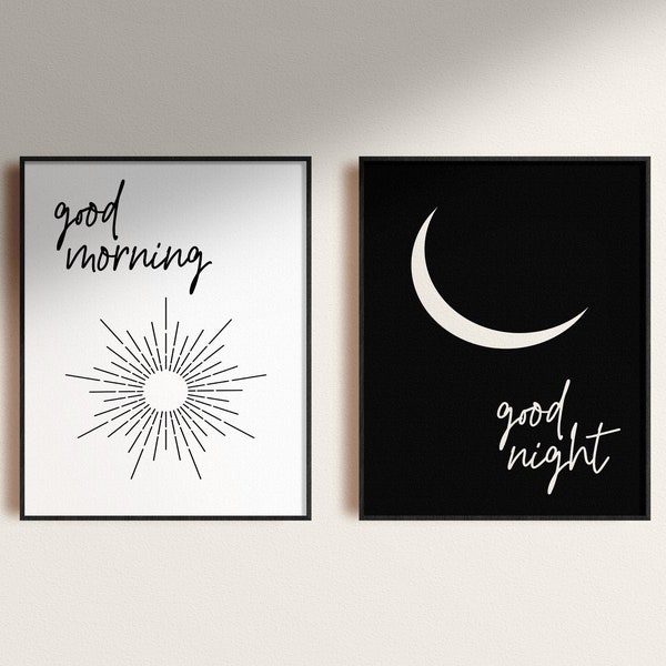 Good Morning Good Night Bedroom Wall Art, Above Bed Decor, Set of 2 Prints, Sun and Moon Posters Home Decor, Printable Digital Download