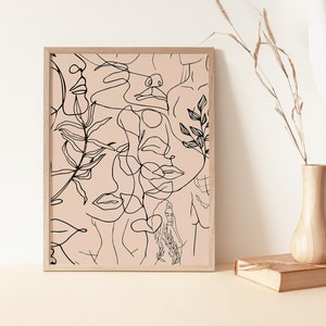 One Line Print Beige Abstract Woman Line Art Trendy Modern Wall Decor Taupe Flower Poster Stylish Botanical Line Drawing Poster Home Decor