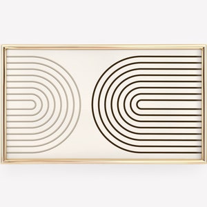 K&ouml;nnte beinhalten: Ein gerahmter Kunstdruck mit minimalistischem Design. Das Kunstwerk zeigt zwei halbkreisf&ouml;rmige Muster aus parallelen Linien. Ein Muster ist in Graut&ouml;nen gehalten, das andere ist schwarz. Der Rahmen ist goldfarben.