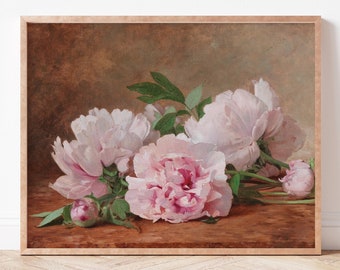Spring Flowers Painting Pink Peony Wall Art Vintage Peonies Artwork Printable Antique Feminine Still Life Digital PRINTS Farmhouse decor