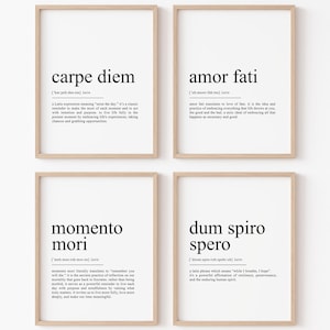 Peut inclure: Quatre impressions d'art encadrées avec des phrases latines inspirantes : "Carpe Diem", "Amor Fati", "Memento Mori" et "Dum Spiro Spero". Chaque impression présente du texte noir sur fond blanc, dans un cadre en bois brun clair.