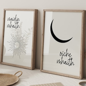 Impresiones de buenos días y buenas noches, decoración para la cama, juego de 2 carteles para el dormitorio, impresiones irlandesas de arte del sol y la luna, arte de pared imprimible en gaélico, digital