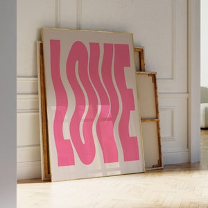 Amor arte de pared ondulado, impresión de amor, lindo cartel ondulado de moda, decoración de apartamento retro rosa de los años 70, arte estético de la pared / descarga digital