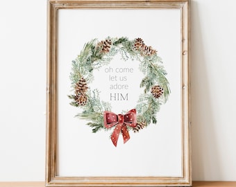 Religious Christmas Wreath Print | Christmas Poster Digital Download, Minimal Christmas Wreath Signs | Scripture Xmas printable wall art