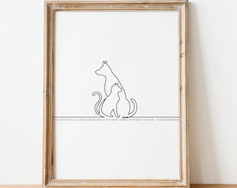 Cat Dog Line art Print, Vet surgery wall prints, Dog Line Drawing Poster Minimalist Animal Lover Nursery Printable wall art Digital Download